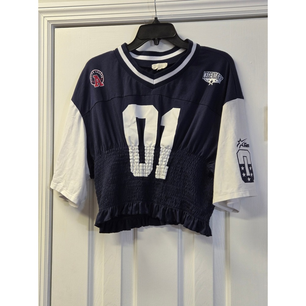 Urban Rose Navy Blue White Smocked Crop Jersey Top Varsity Graphic XL GenZ‎